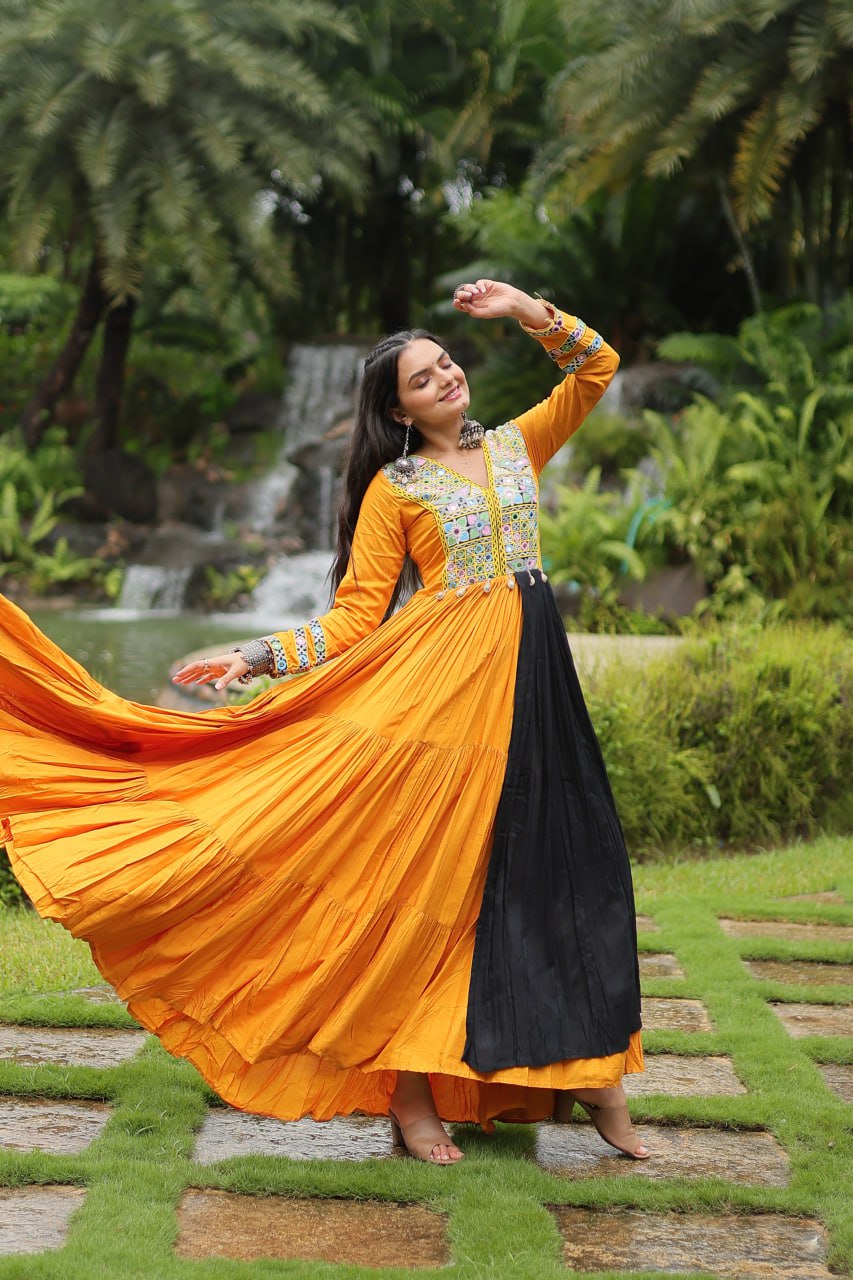 Mustard Colored Kutchi Gamthi Work Partywear Gown