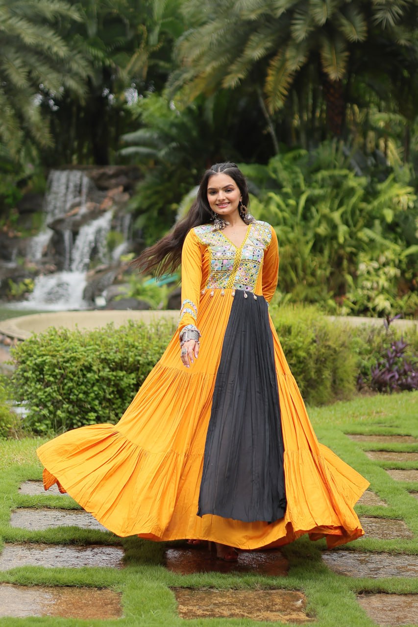 Mustard Colored Kutchi Gamthi Work Partywear Gown