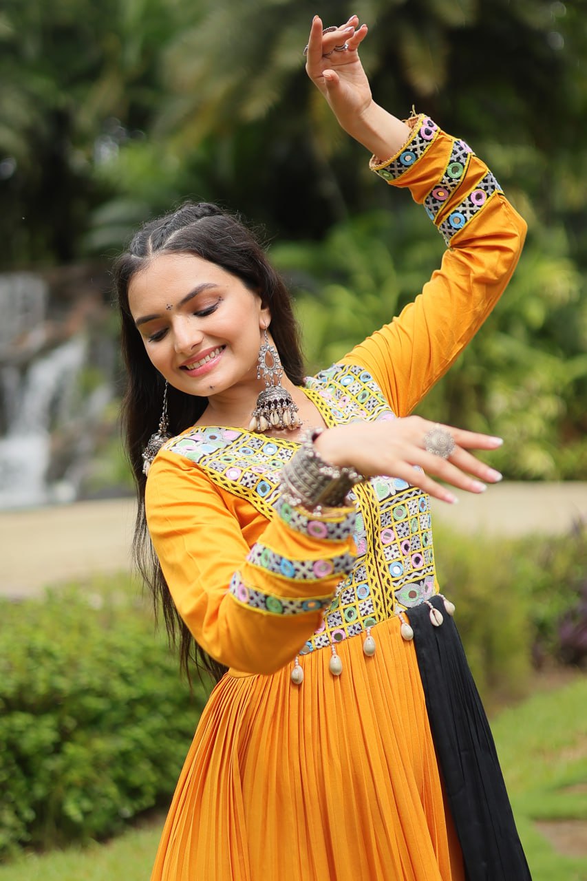 Mustard Colored Kutchi Gamthi Work Partywear Gown