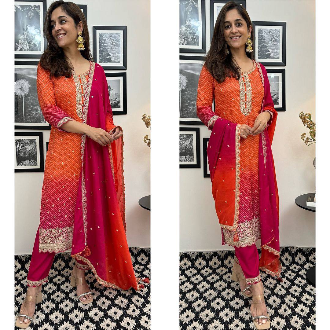 Shilpa Shetty Inspired Sequence Embroidery Work Pure Chinon Silk Printed Kurta Pant Set with Dupatta