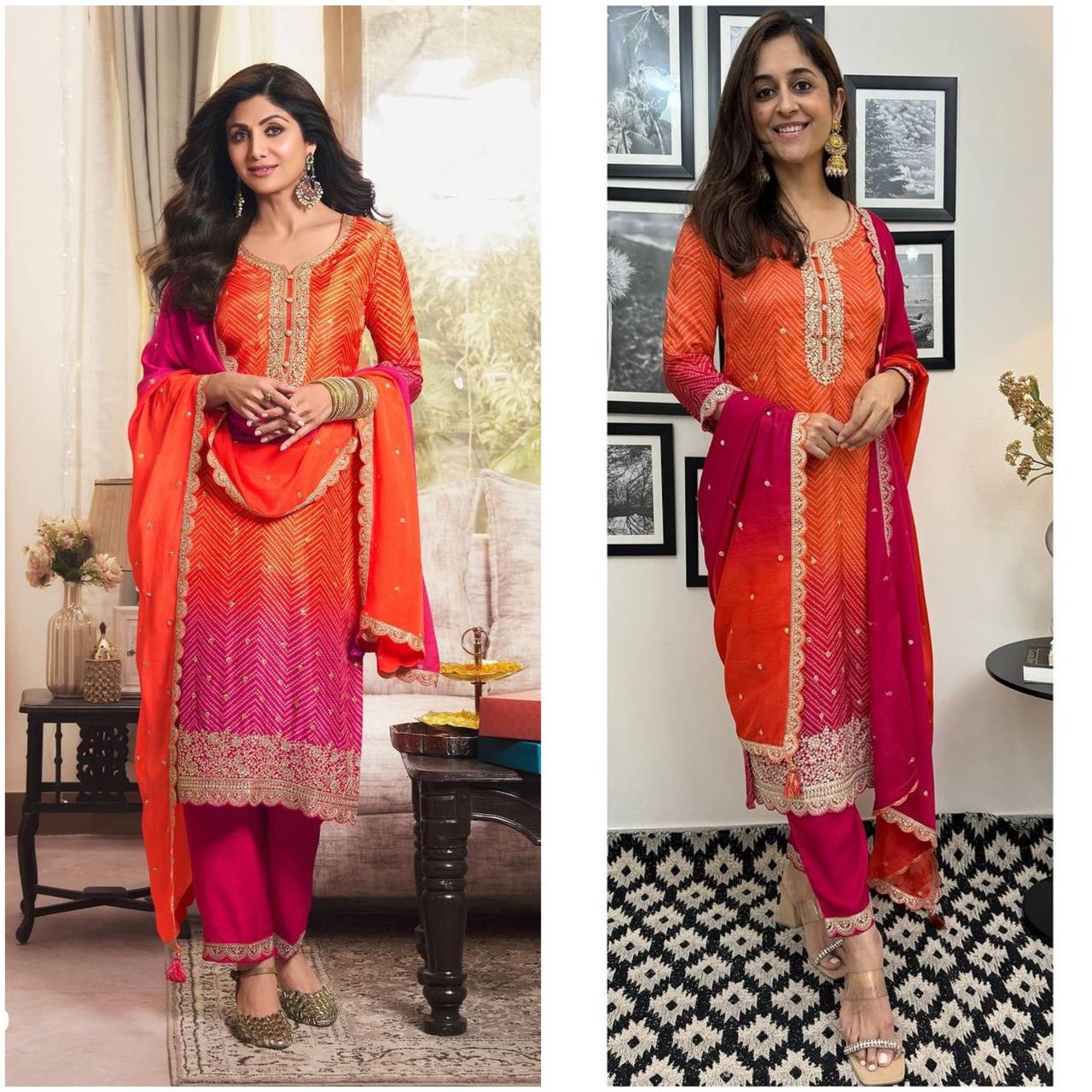 Shilpa Shetty Inspired Sequence Embroidery Work Pure Chinon Silk Printed Kurta Pant Set with Dupatta