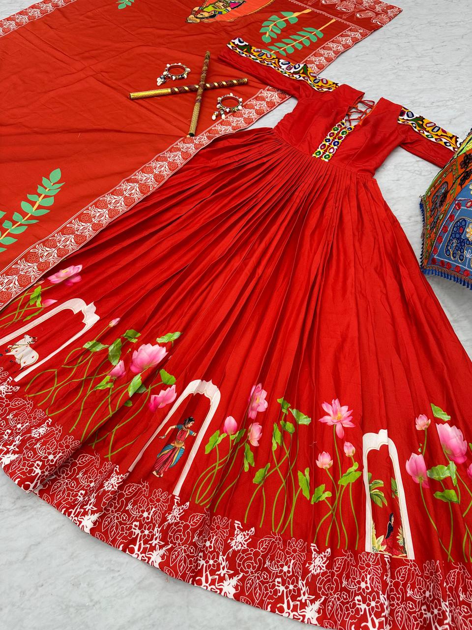 Navratri Special Real Mirror Gamthi Work Kalamkari Print Gown with Cotton Dupatta