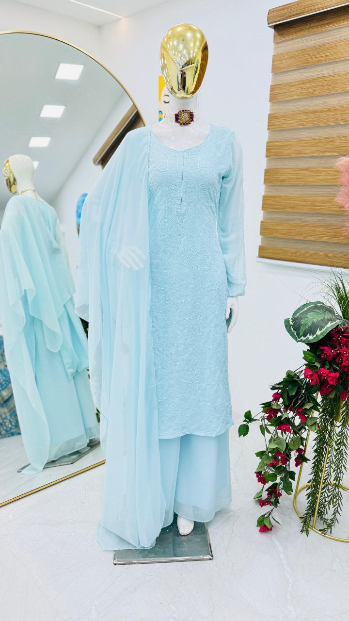 New Designer Cyan Blue Party Wear Sharara Suit & Dupatta Set