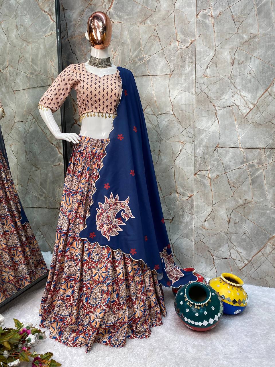 Navratri Special  Real Mirror Work  Semi-stitched Rayon Lehenga Choli with Printed Dupatta