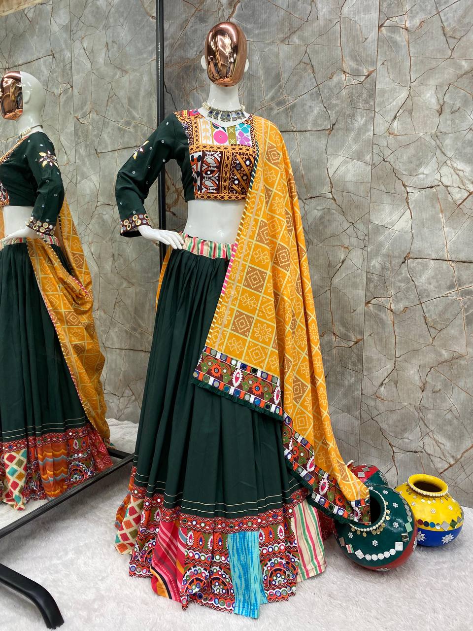 Navratri Wear Designer Rayon Printed & Real Mirror Work Lehenga Choli with Dupatta