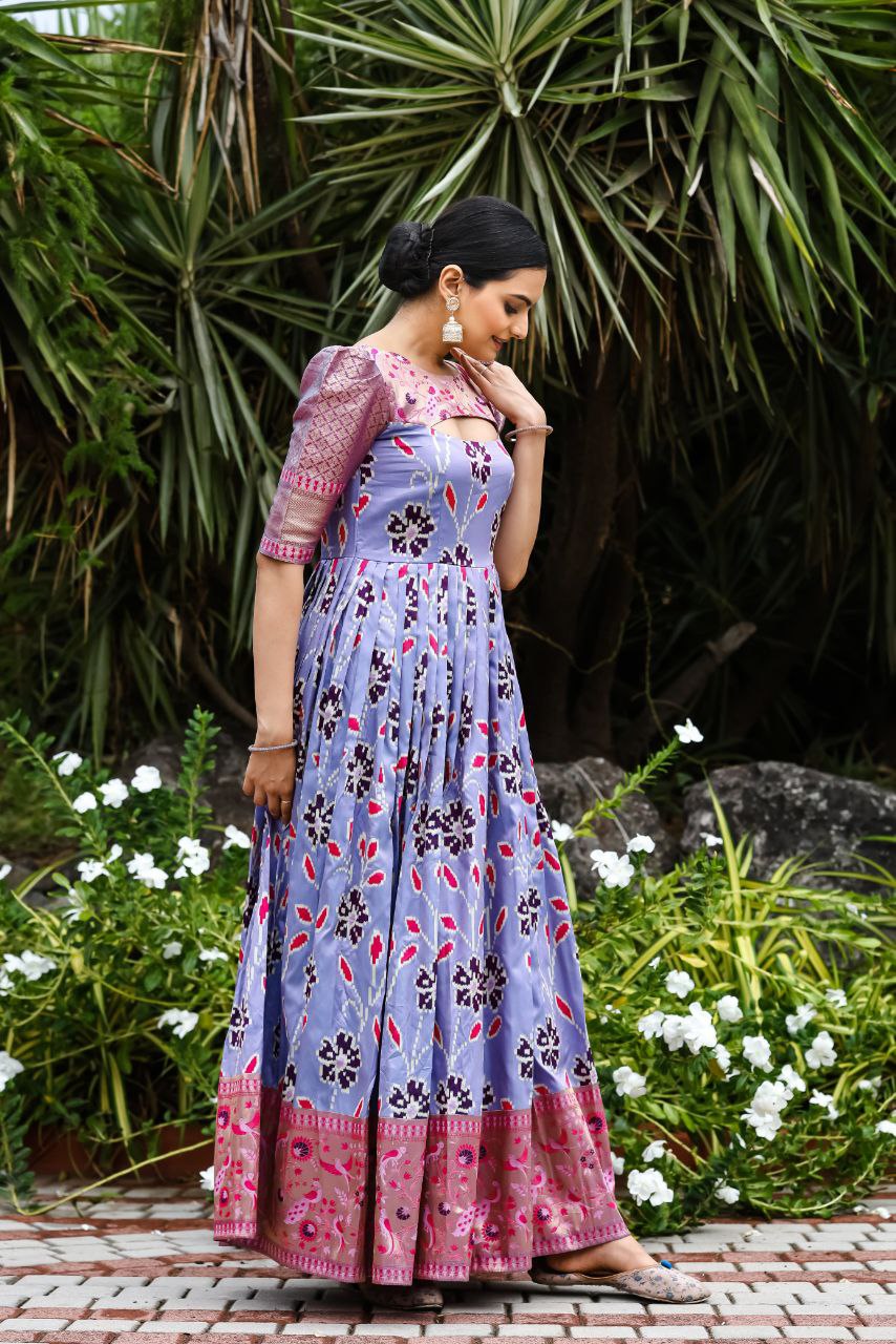 Super Copper Weaving and Brocade Lavish Floral Printed A-line Maxi Gown