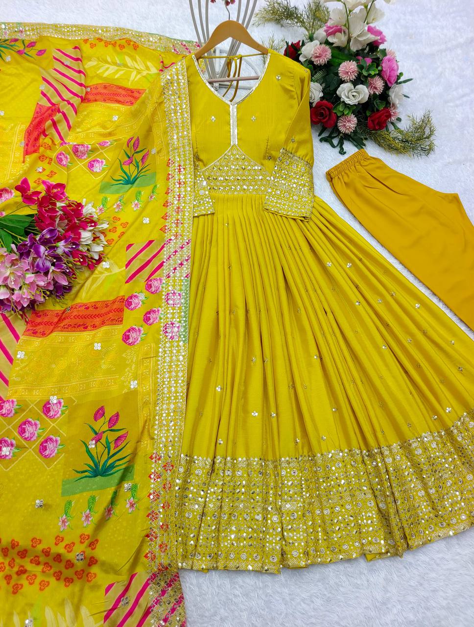 Ready to Wear New Yellow Color Alia-Cut Gown-Pant Dupatta Set