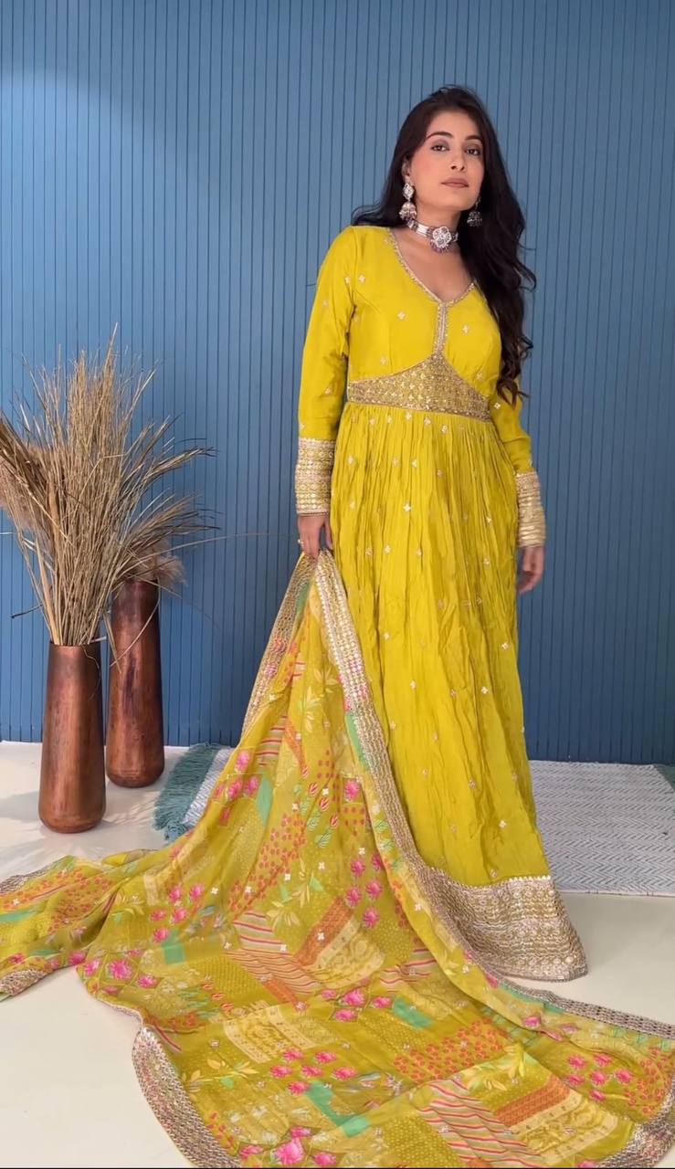 Ready to Wear New Yellow Color Alia-Cut Gown-Pant Dupatta Set