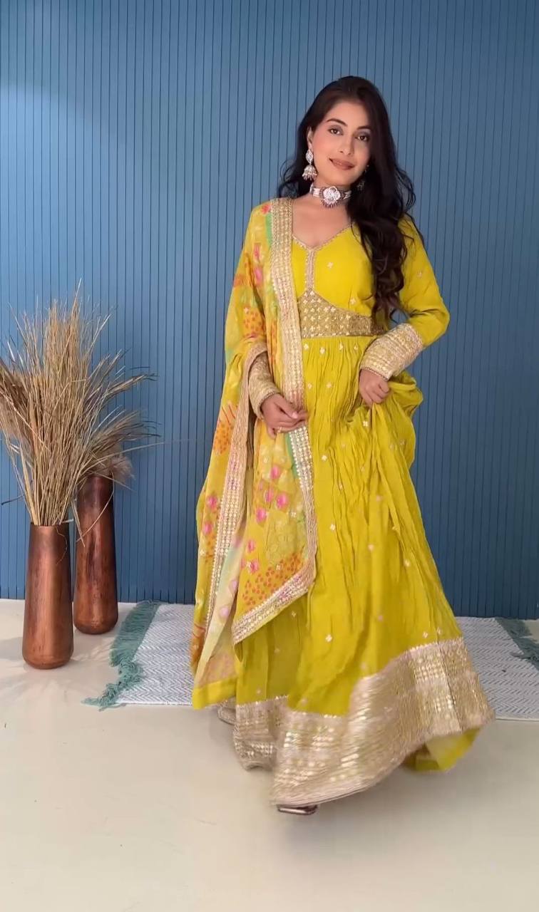 Ready to Wear New Yellow Color Alia-Cut Gown-Pant Dupatta Set