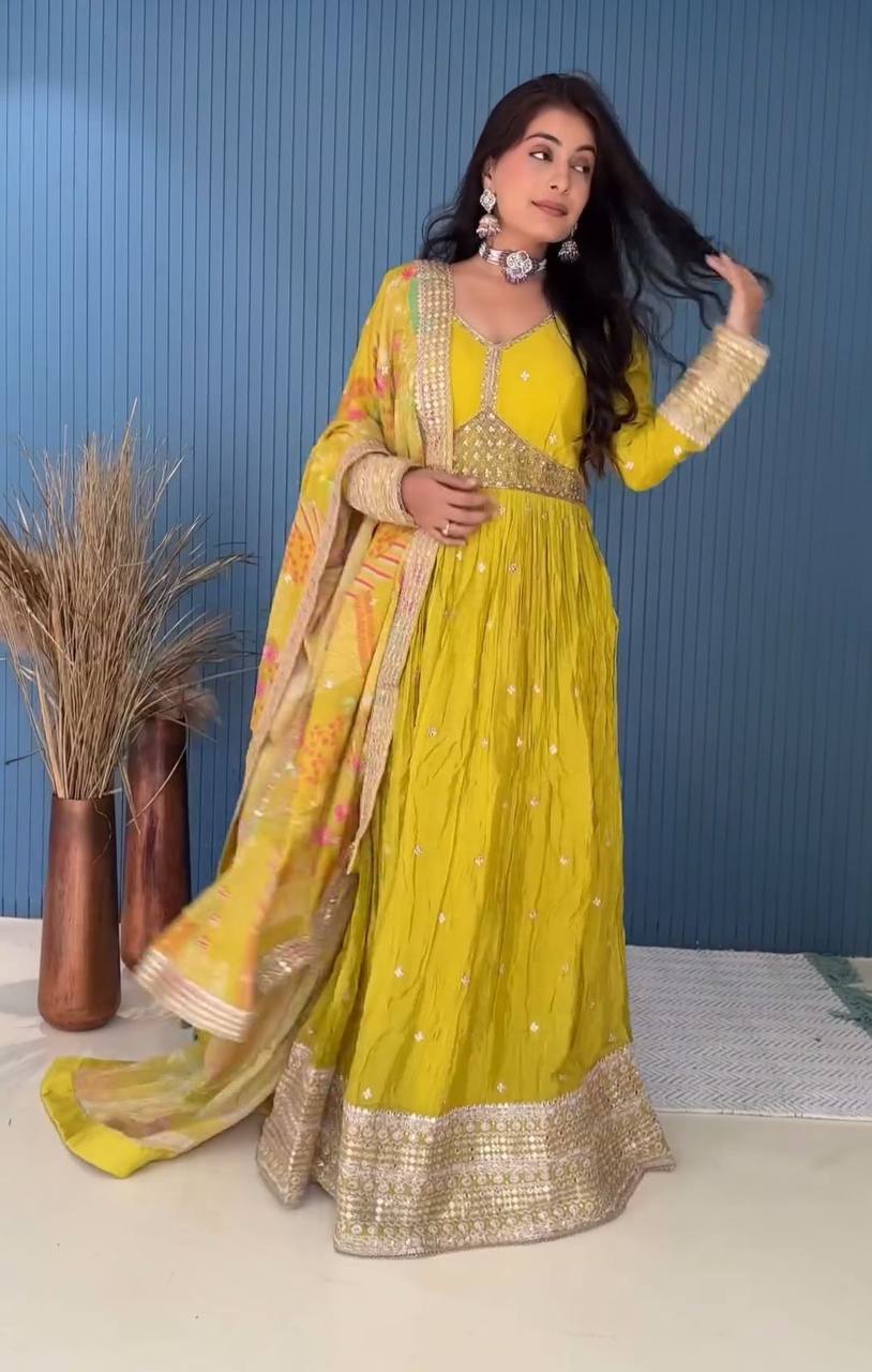 Ready to Wear New Yellow Color Alia-Cut Gown-Pant Dupatta Set