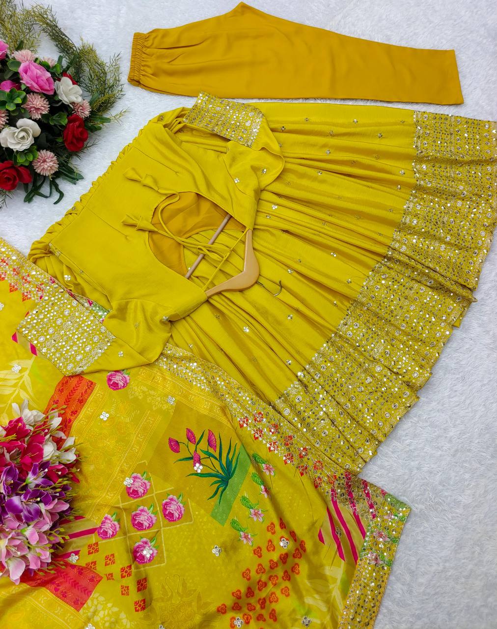 Ready to Wear New Yellow Color Alia-Cut Gown-Pant Dupatta Set