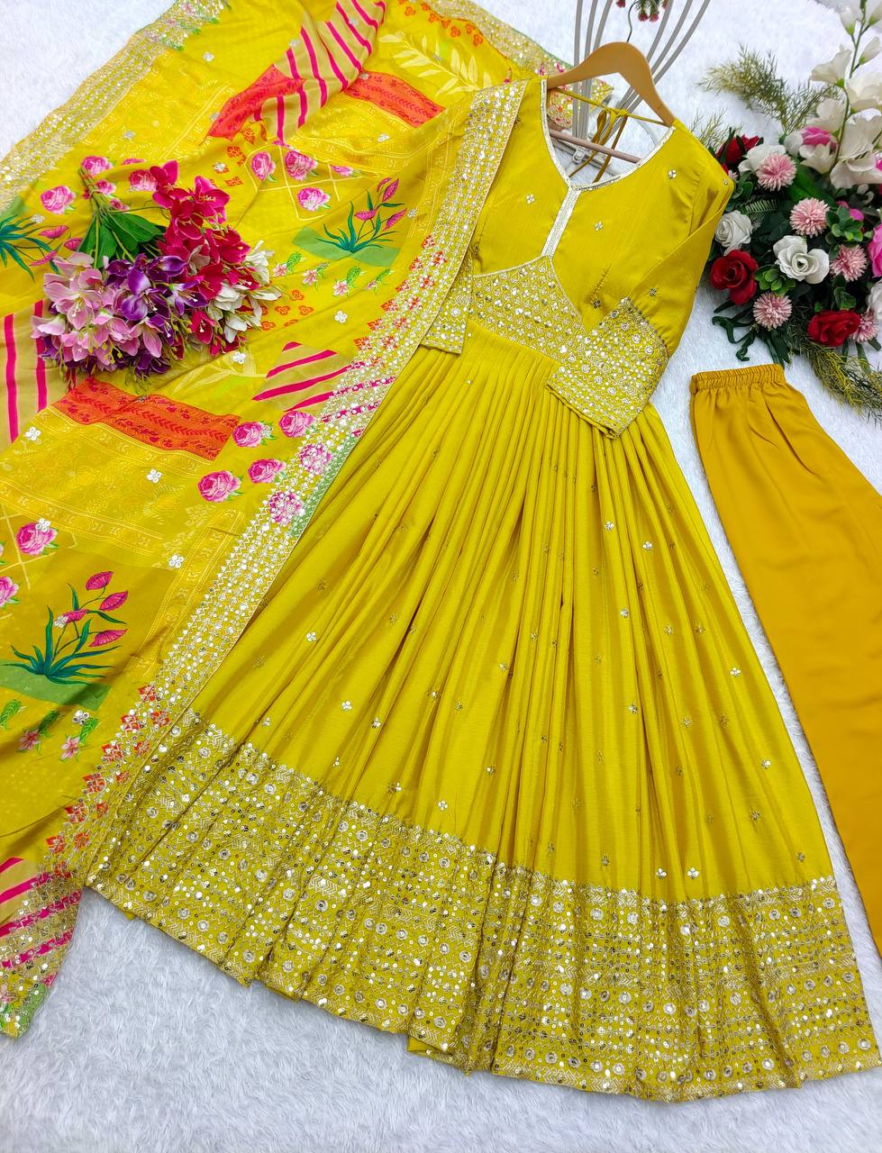 Ready to Wear New Yellow Color Alia-Cut Gown-Pant Dupatta Set