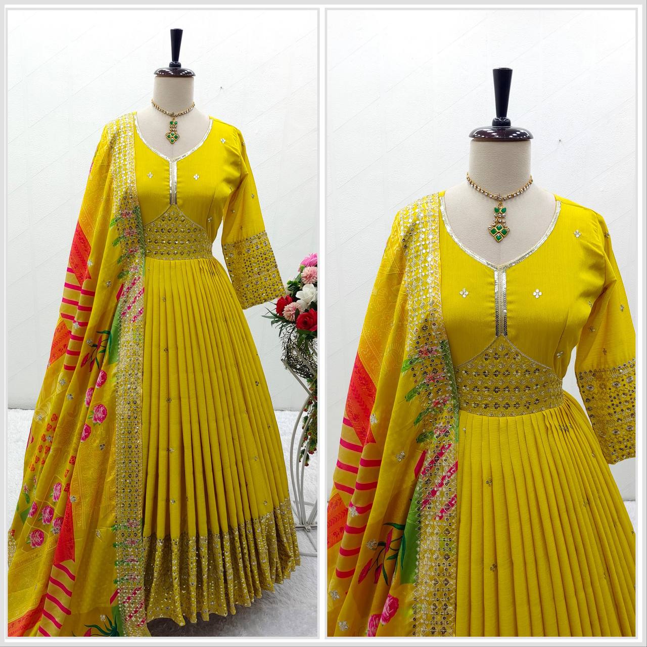 Ready to Wear New Yellow Color Alia-Cut Gown-Pant Dupatta Set