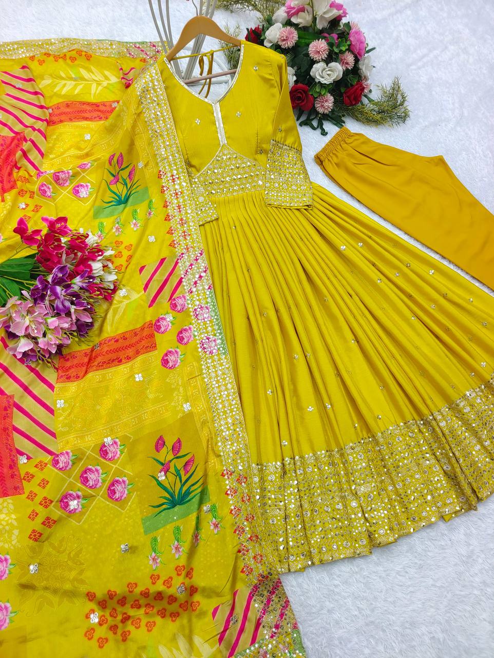 Ready to Wear New Yellow Color Alia-Cut Gown-Pant Dupatta Set