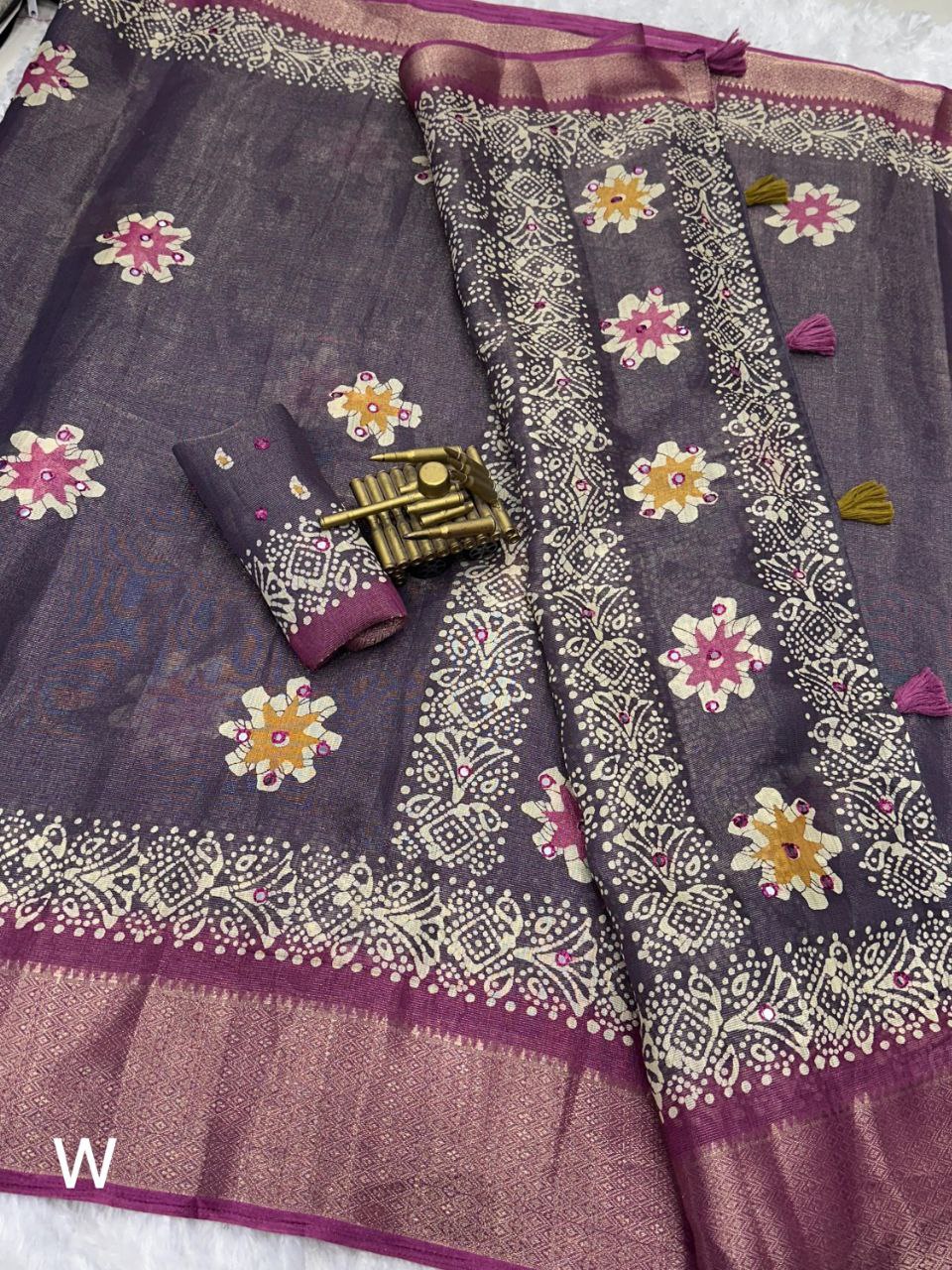 Designer Gotta Patti Work Zari Jacquard Hand Printed Cotton Saree with Blouse