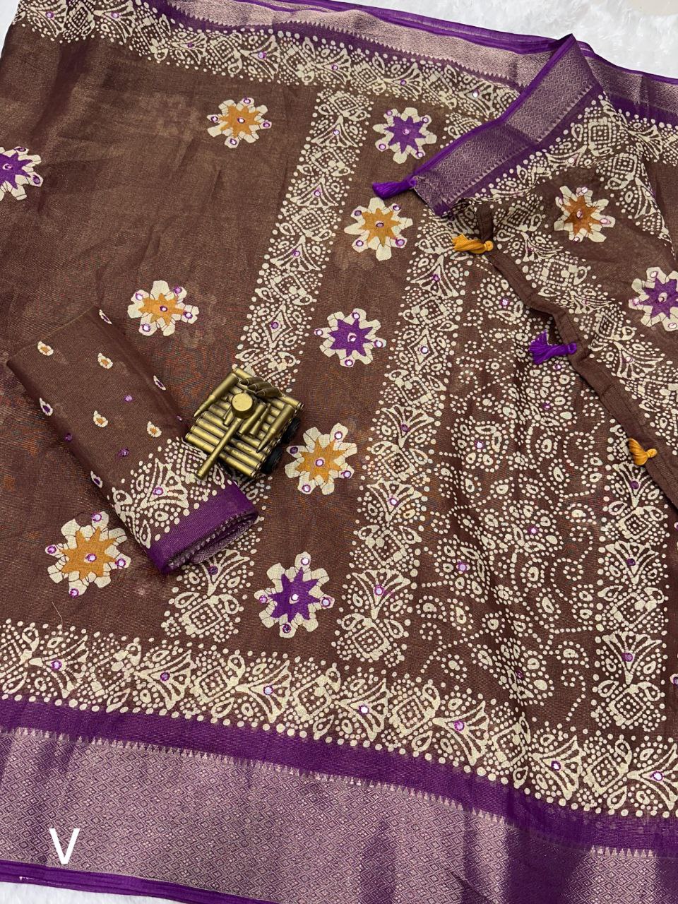 Designer Gotta Patti Work Zari Jacquard Hand Printed Cotton Saree with Blouse