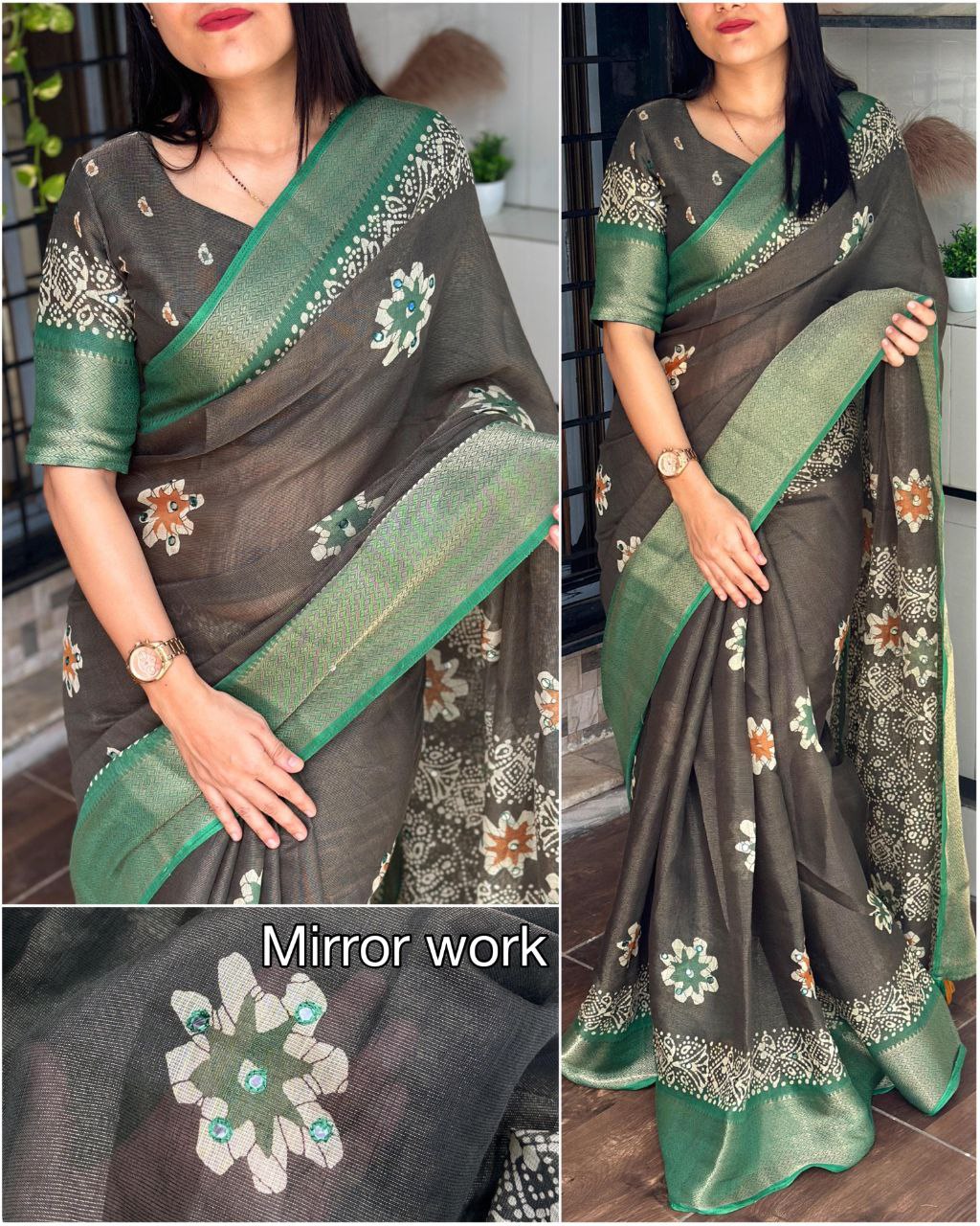 Designer Gotta Patti Work Zari Jacquard Hand Printed Cotton Saree with Blouse