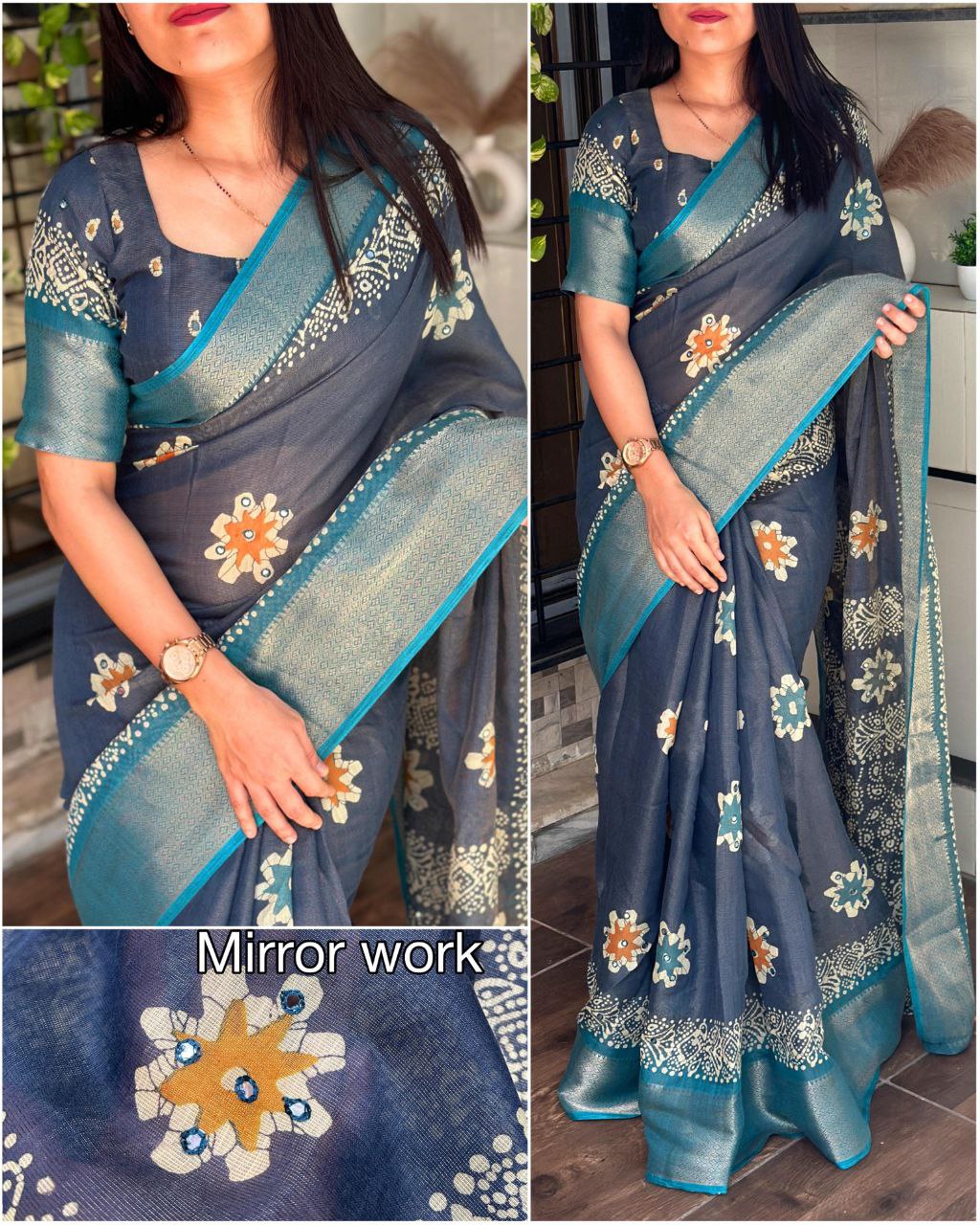 Designer Gotta Patti Work Zari Jacquard Hand Printed Cotton Saree with Blouse