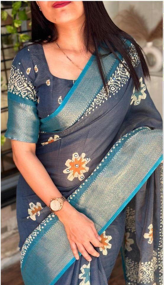 Designer Gotta Patti Work Zari Jacquard Hand Printed Cotton Saree with Blouse