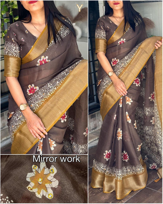 Designer Gotta Patti Work Zari Jacquard Hand Printed Cotton Saree with Blouse