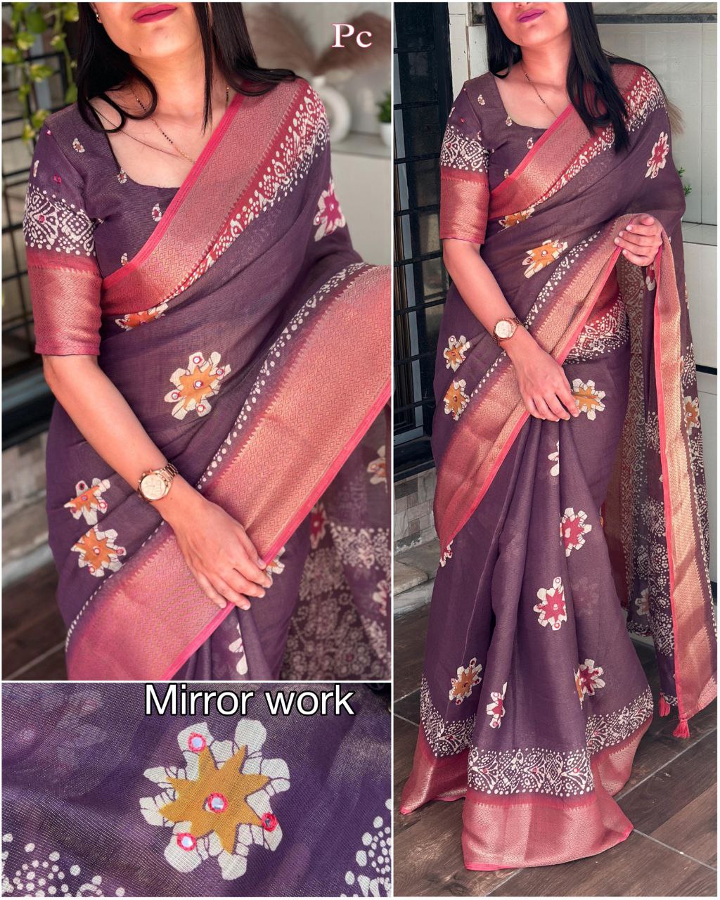 Designer Gotta Patti Work Zari Jacquard Hand Printed Cotton Saree with Blouse