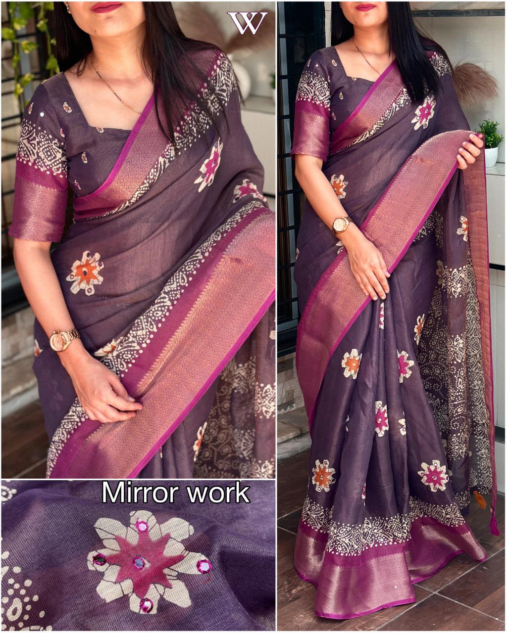 Designer Gotta Patti Work Zari Jacquard Hand Printed Cotton Saree with Blouse