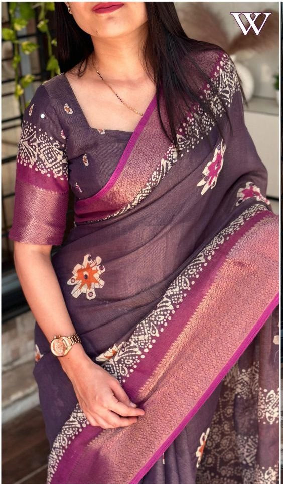 Designer Gotta Patti Work Zari Jacquard Hand Printed Cotton Saree with Blouse