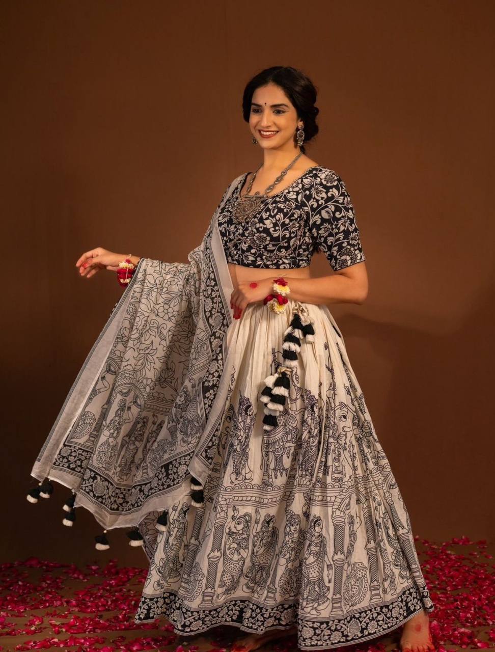 Kalamkari Print Lehenga Choli Set with Dupatta