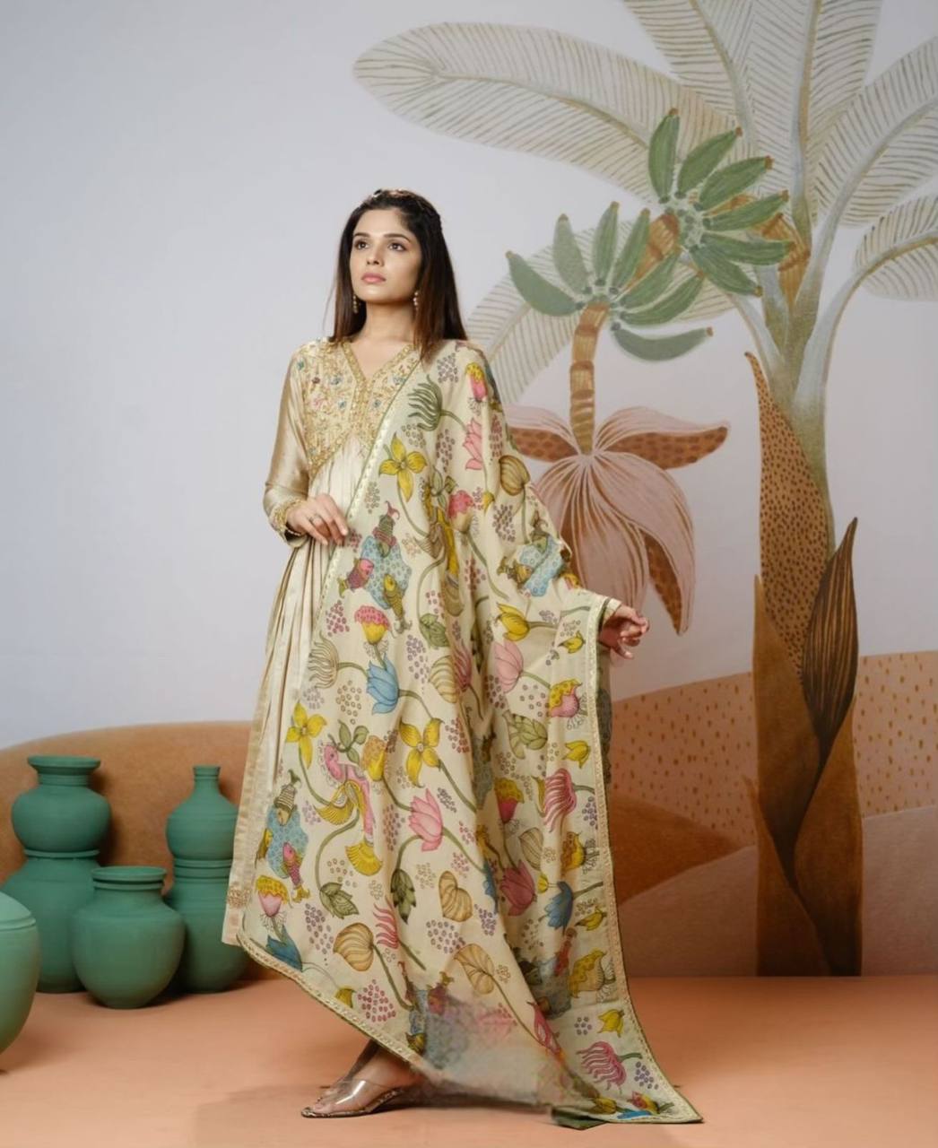 Elegant Kalamkari Print Embroidered Gown with Dupatta