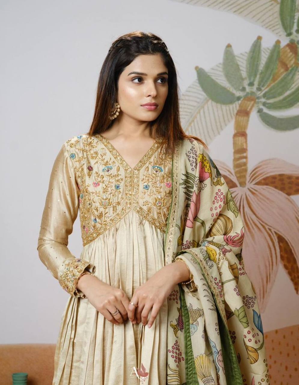 Elegant Kalamkari Print Embroidered Gown with Dupatta