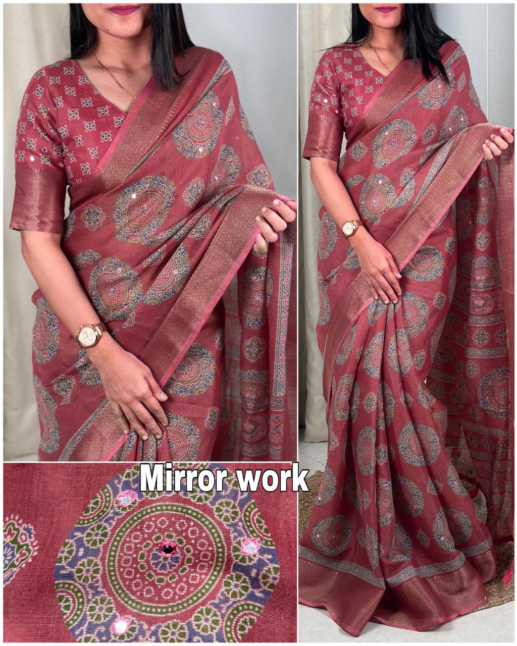 Designer Gotta Patti Mirror Work Hand Ajrakh Style Printed Cotton Zari Jacquard Border  Saree with Blouse