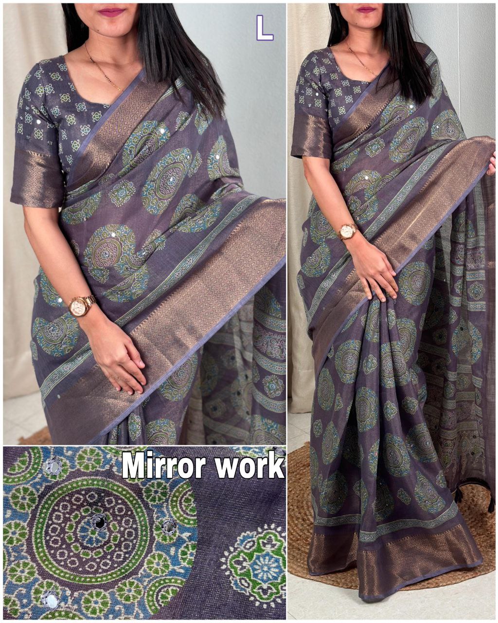 Designer Gotta Patti Mirror Work Hand Ajrakh Style Printed Cotton Zari Jacquard Border  Saree with Blouse