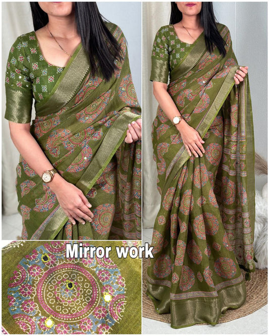 Designer Gotta Patti Mirror Work Hand Ajrakh Style Printed Cotton Zari Jacquard Border  Saree with Blouse