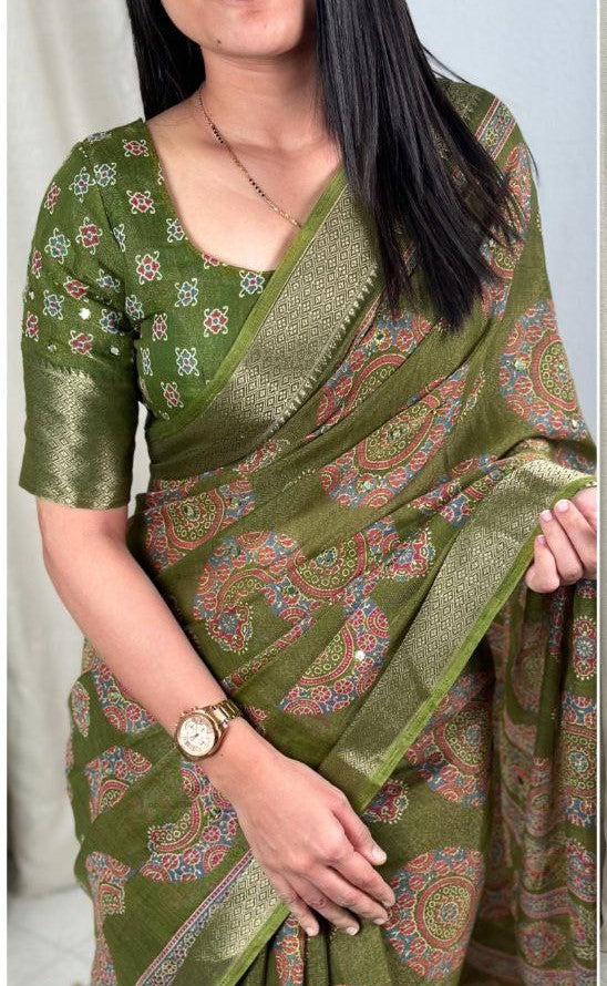 Designer Gotta Patti Mirror Work Hand Ajrakh Style Printed Cotton Zari Jacquard Border  Saree with Blouse