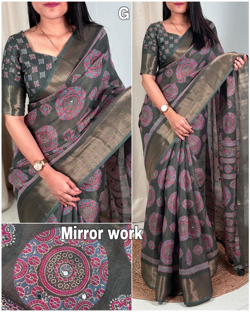 Designer Gotta Patti Mirror Work Hand Ajrakh Style Printed Cotton Zari Jacquard Border  Saree with Blouse