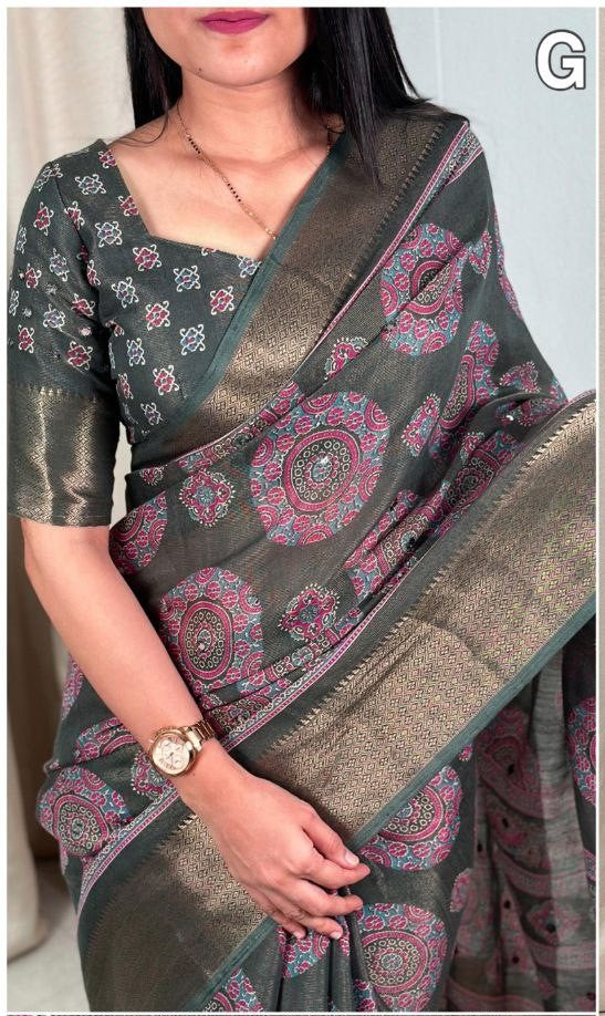 Designer Gotta Patti Mirror Work Hand Ajrakh Style Printed Cotton Zari Jacquard Border  Saree with Blouse