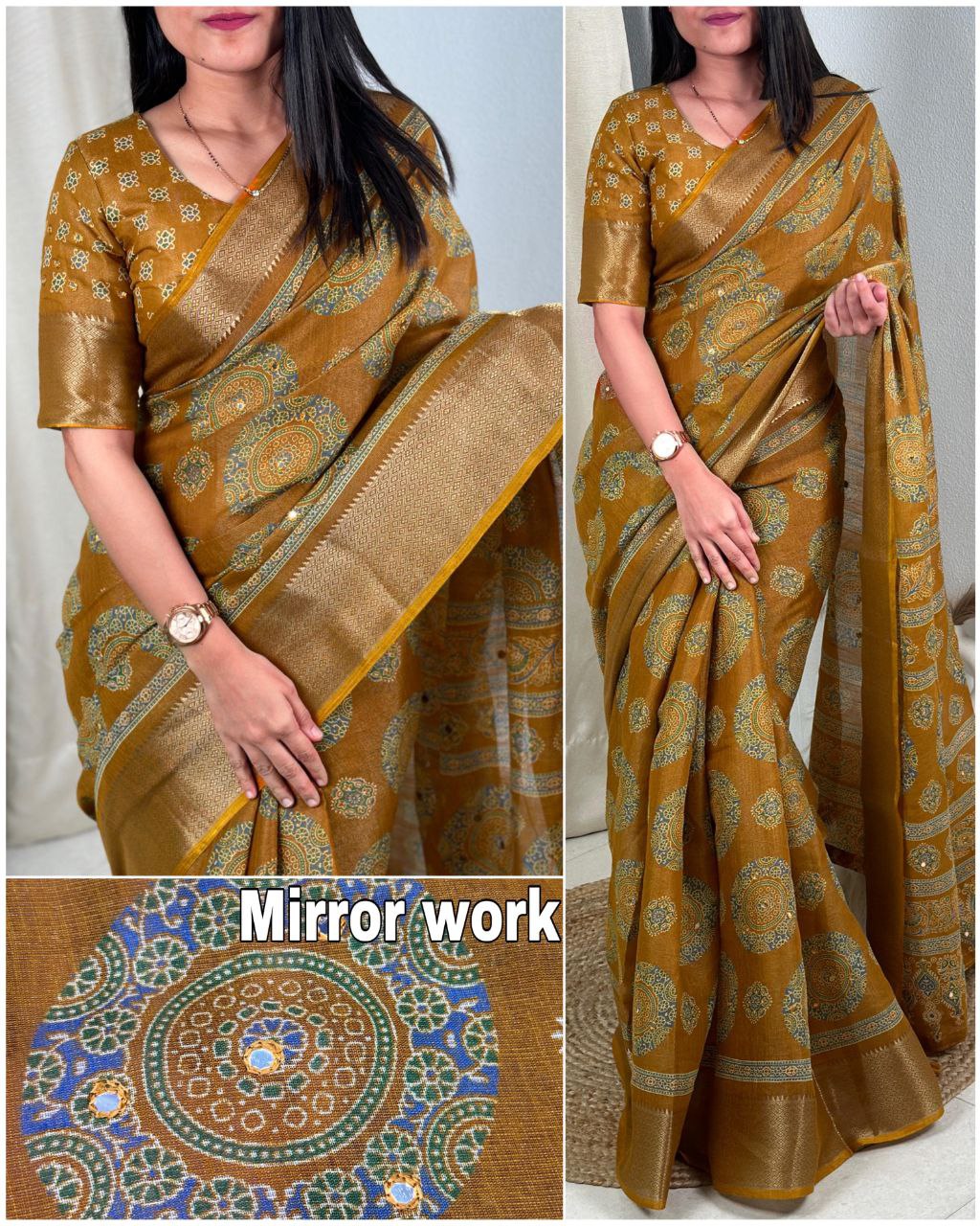 Designer Gotta Patti Mirror Work Hand Ajrakh Style Printed Cotton Zari Jacquard Border  Saree with Blouse