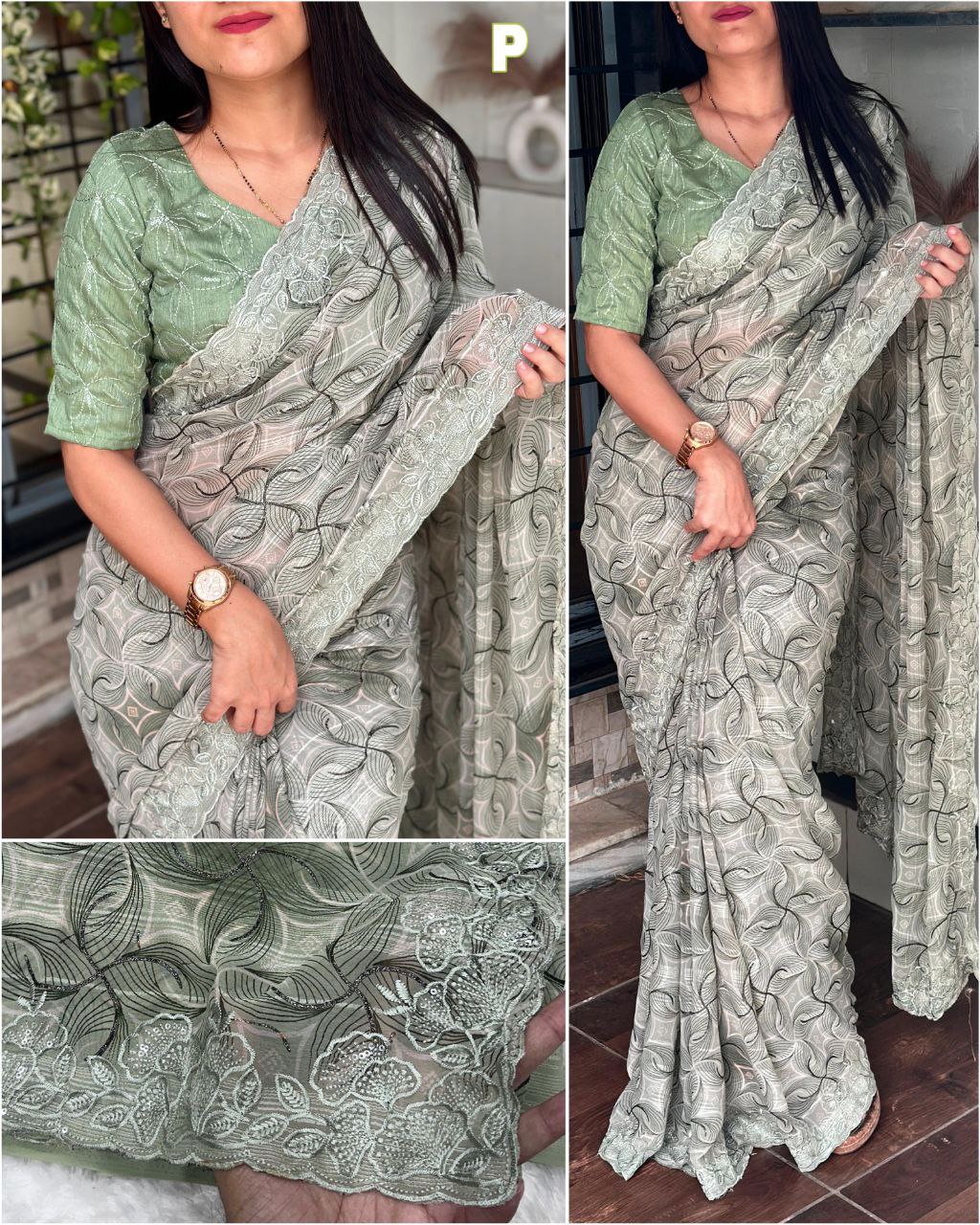 Women's Sequins Embroidery Work Border Georgette Printed Saree with Banglori Blouse