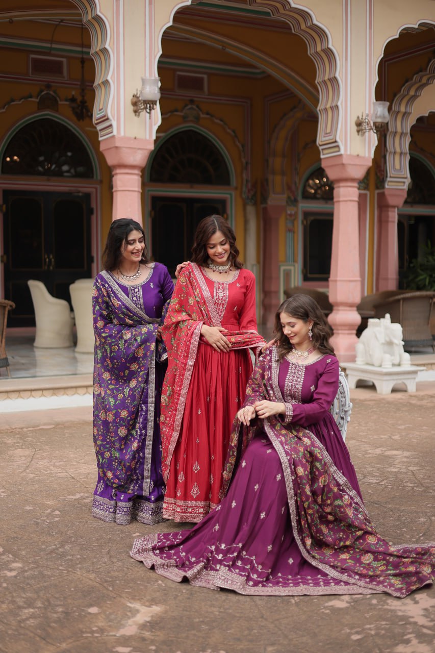 Stunning Chinon Gown with Kalamkari Tebby Silk Dupatta