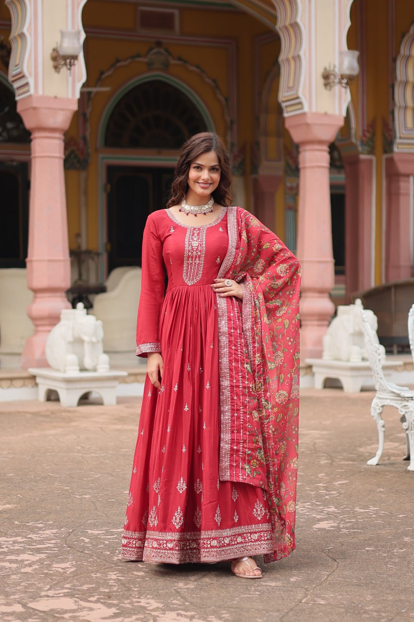 Stunning Chinon Gown with Kalamkari Tebby Silk Dupatta