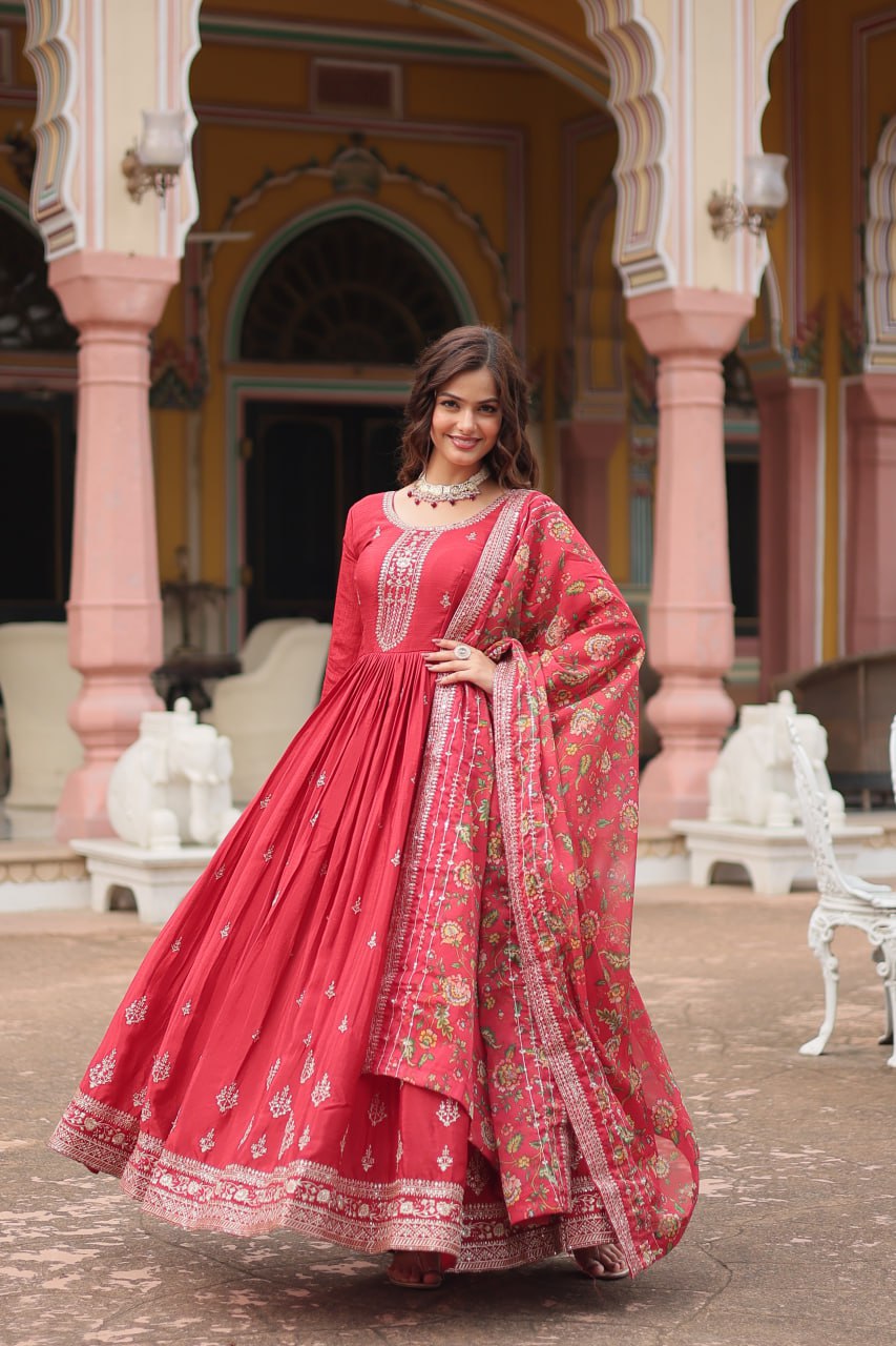 Stunning Chinon Gown with Kalamkari Tebby Silk Dupatta