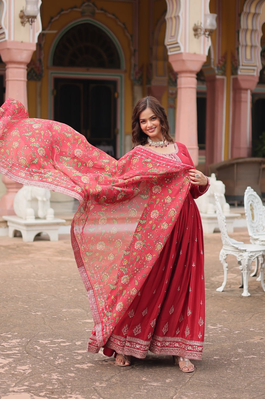 Stunning Chinon Gown with Kalamkari Tebby Silk Dupatta