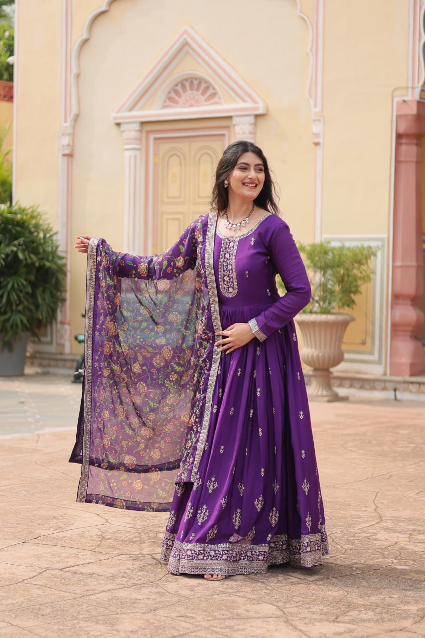 Stunning Chinon Gown with Kalamkari Tebby Silk Dupatta