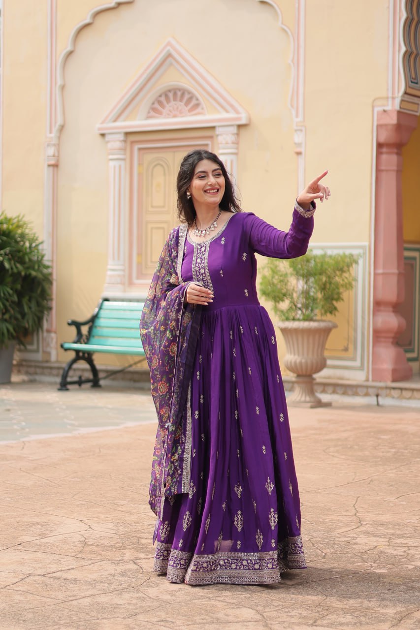 Stunning Chinon Gown with Kalamkari Tebby Silk Dupatta