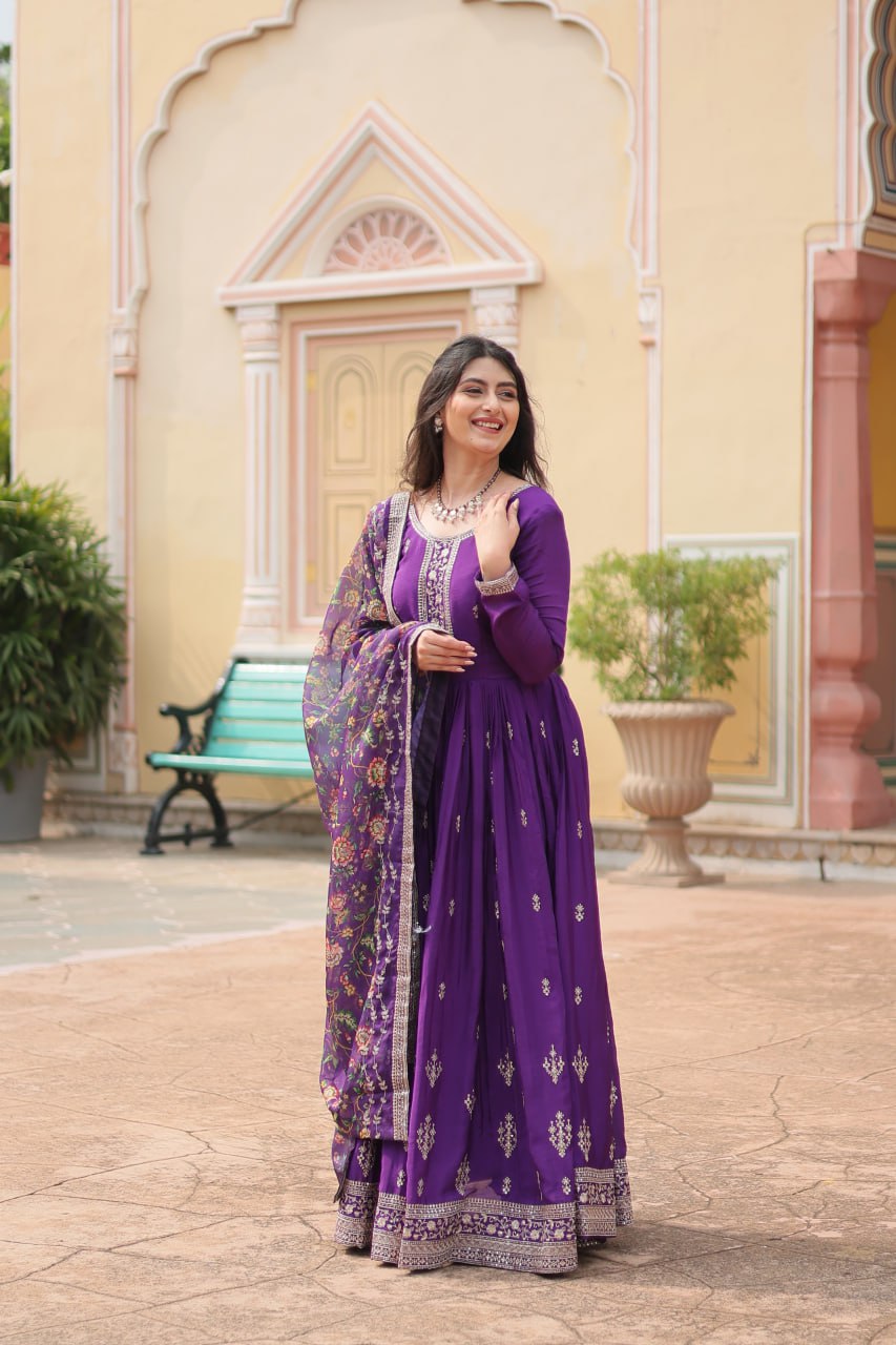 Stunning Chinon Gown with Kalamkari Tebby Silk Dupatta