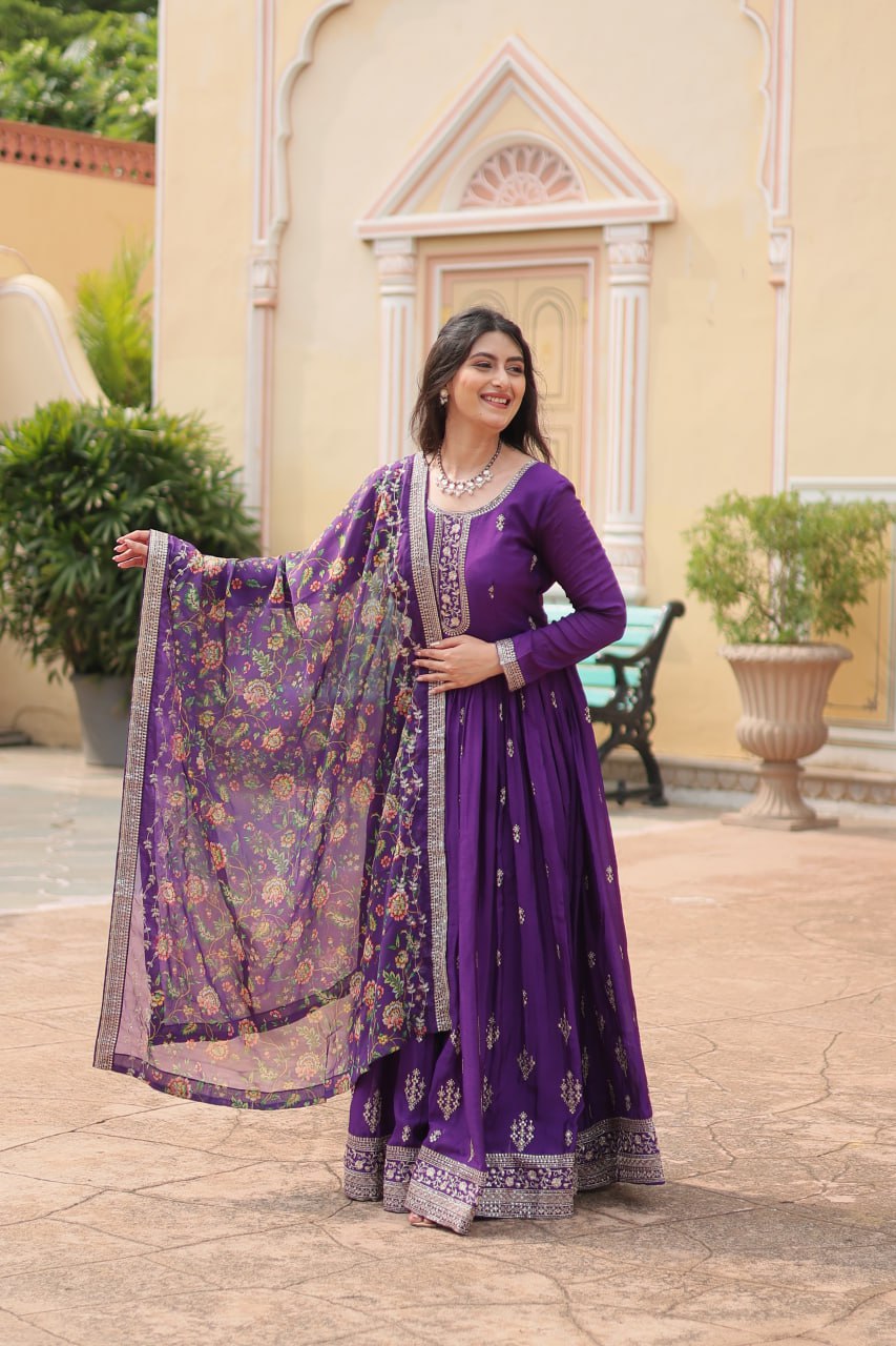 Stunning Chinon Gown with Kalamkari Tebby Silk Dupatta