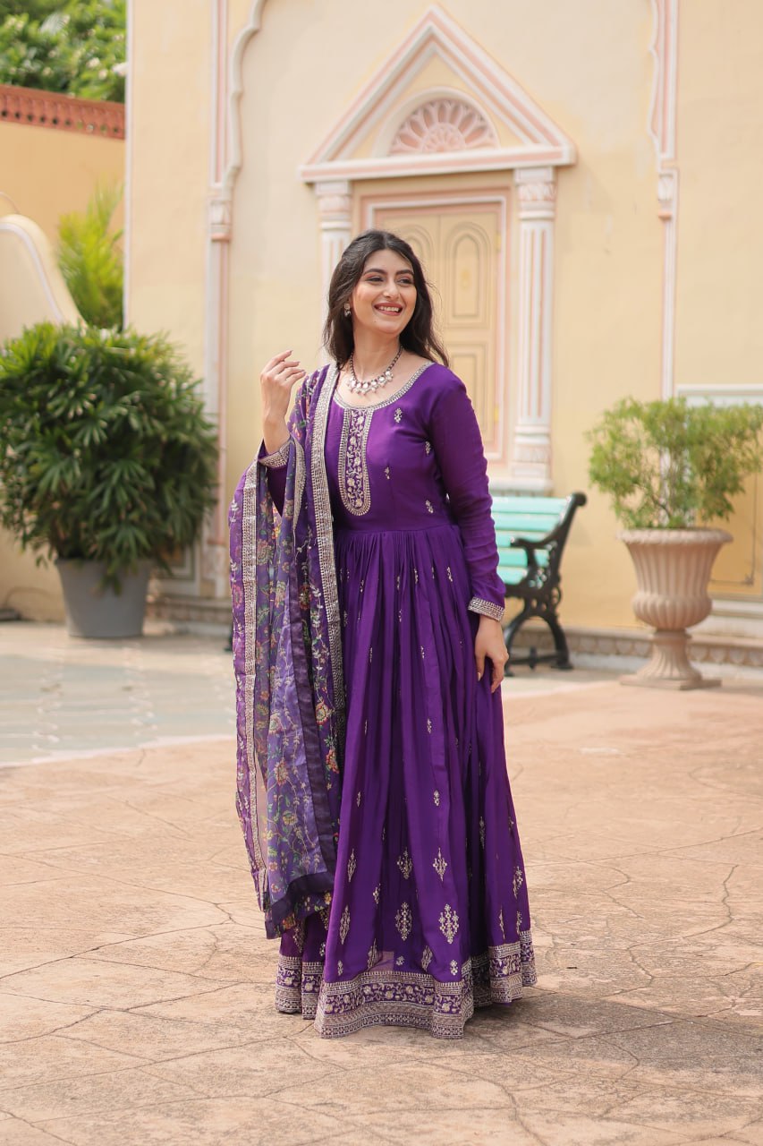 Stunning Chinon Gown with Kalamkari Tebby Silk Dupatta