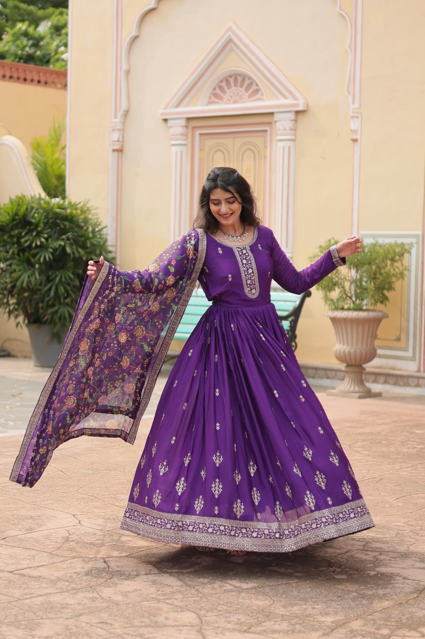 Stunning Chinon Gown with Kalamkari Tebby Silk Dupatta