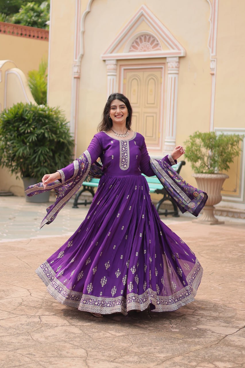 Stunning Chinon Gown with Kalamkari Tebby Silk Dupatta