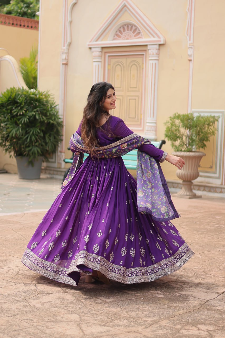 Stunning Chinon Gown with Kalamkari Tebby Silk Dupatta